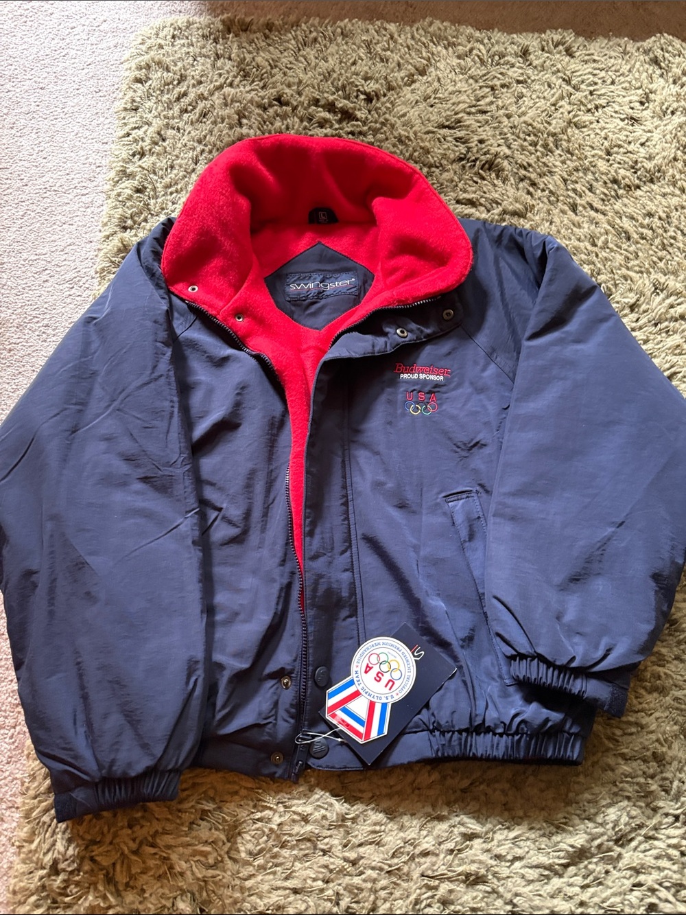 Vintage Budweiser Navy and Red Puffer Jacket - USA Olympic Logo